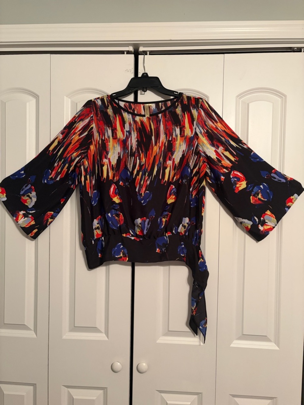 Chenault Multicolor Abstract Floral Tie-Hem Blouse - Black, Red, Blue, Yellow